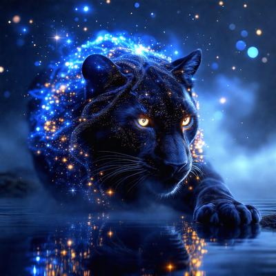 The primary subject of the image is a black panther with a blue glow. The setting is a dark, starry night, with the panther lying on a surface that reflects the blue glow. The visual style is a digital art or illustration, creating a surreal and captivating atmosphere. The dominant colors are black and blue, with the blue glow adding a sense of magic and mystery to the scene.